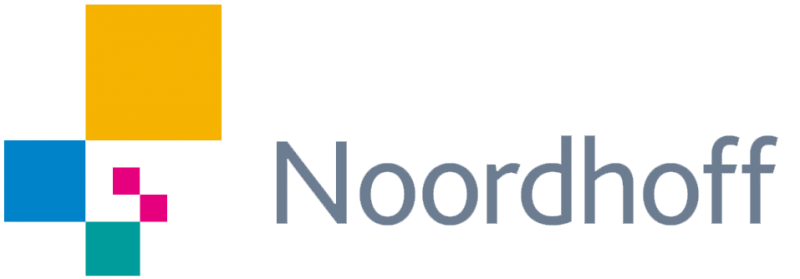 Een logo voor noordhoff met kleurrijke vierkanten op een witte achtergrond