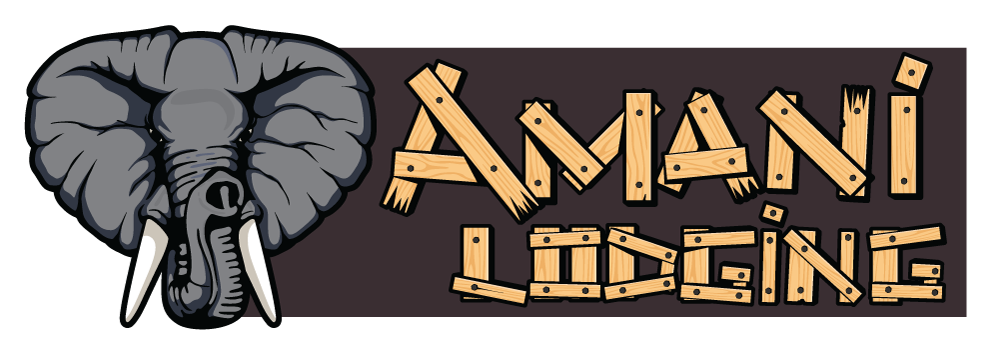 A logo for amani lodging with an elephant head