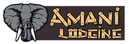 A logo for amani lodging with an elephant head