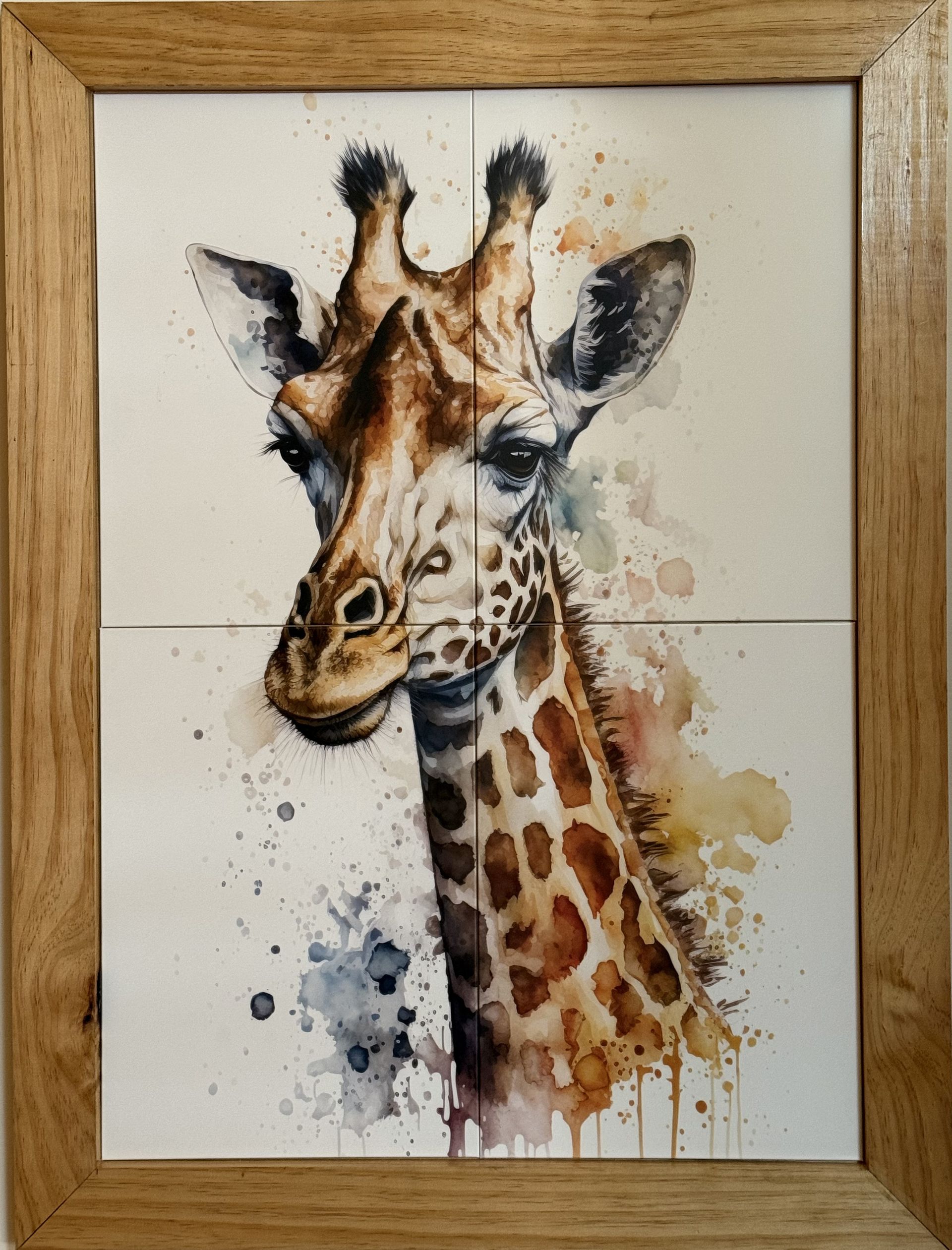 A painting of a giraffe in a wooden frame