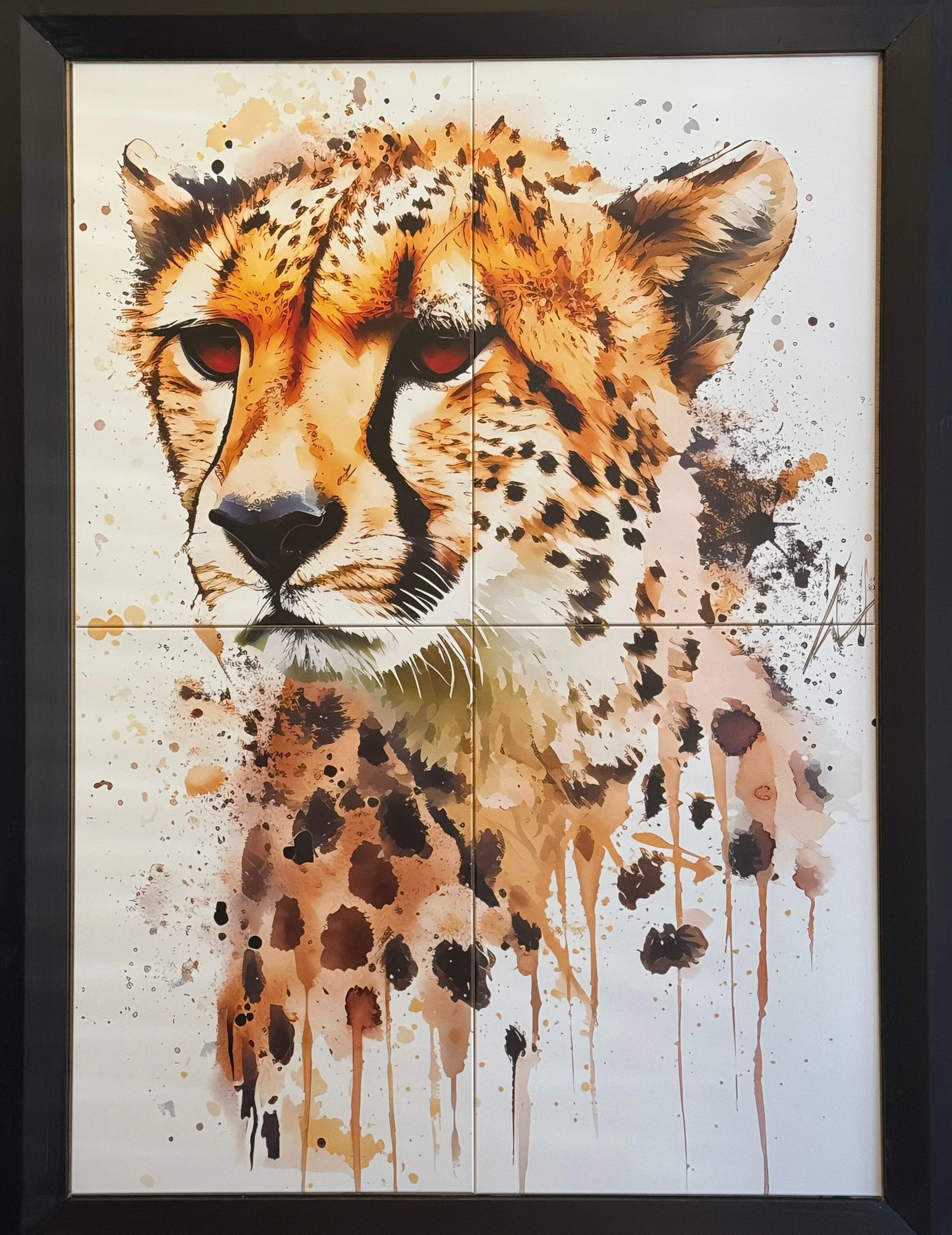 A framed painting of a cheetah with red eyes