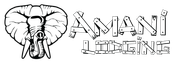 A black and white drawing of an elephant 's head and the words amani lodging.