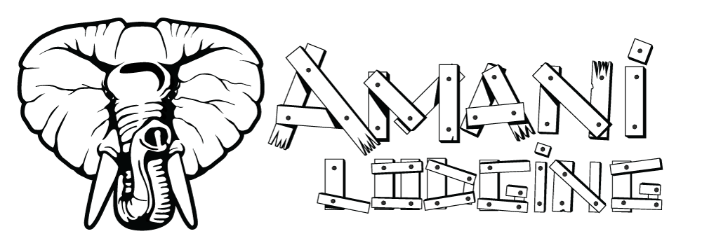 A black and white drawing of an elephant 's head and the words amani lodging.