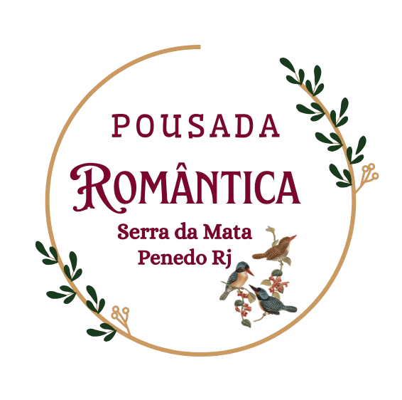Logo da Pousada Romântica, Serra da Mata, Penedo RJ, em marrom e verde com flores e pássaros
