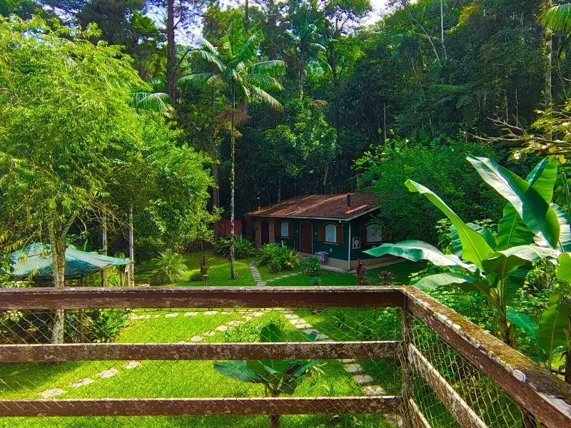 Deck de madeira com vista para uma exuberante floresta tropical e uma pequena cabana junto a um lago.