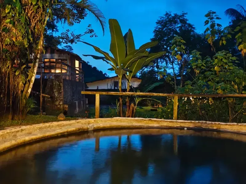 Piscina tropical iluminada em azul ao entardecer, com bananeiras e uma casa moderna refletidas na água.