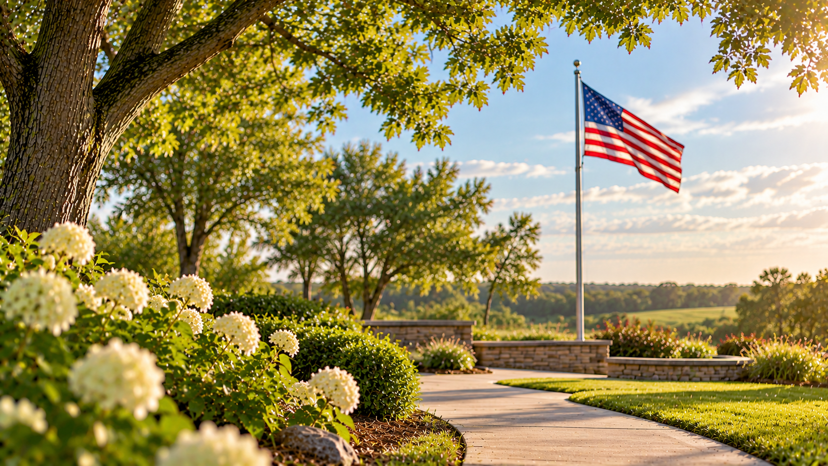 American flag overlooking a peaceful garden for cremation services in Fulton, IL.