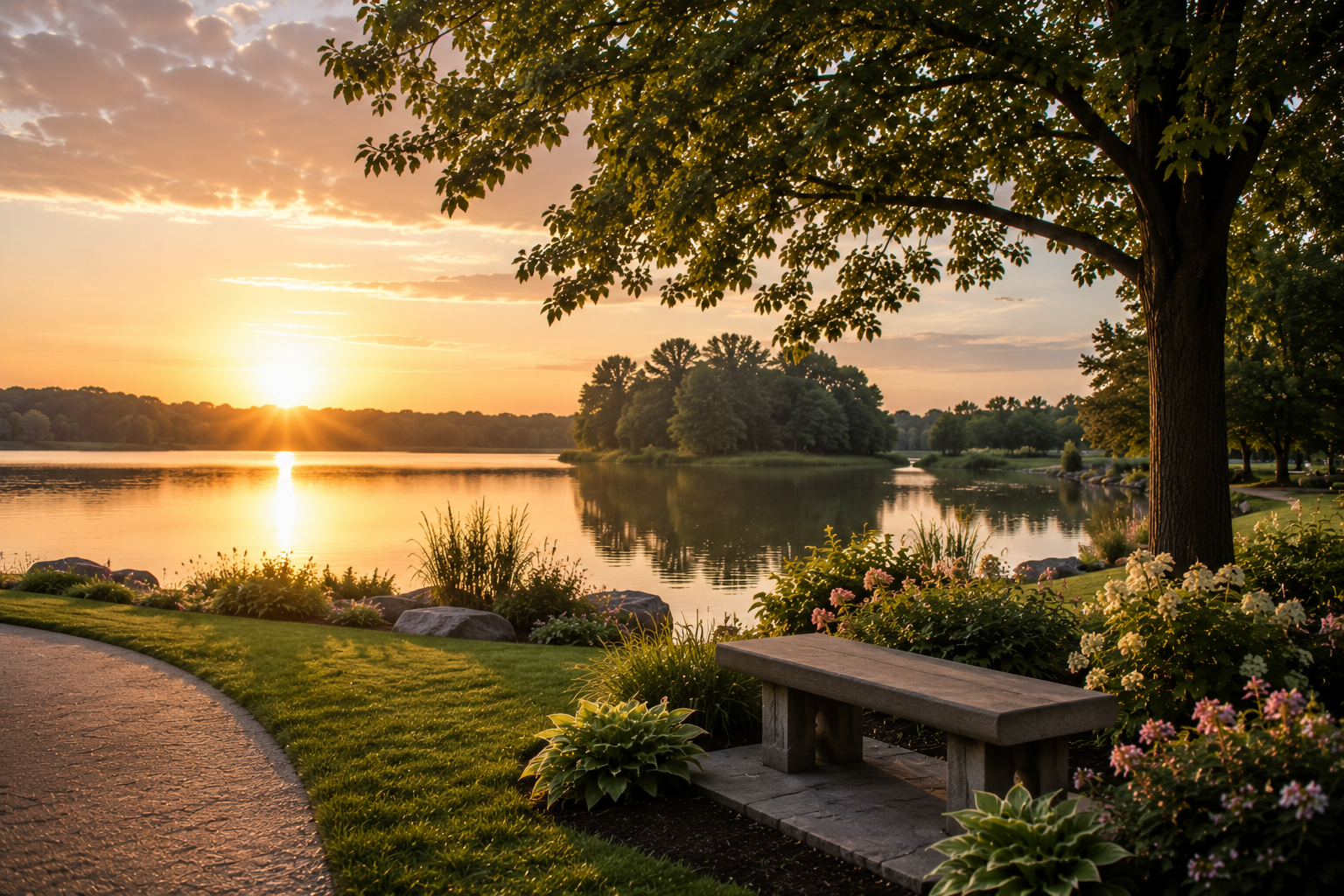 Peaceful lakeside sunset with memorial bench for cremation services in Amboy, IL.