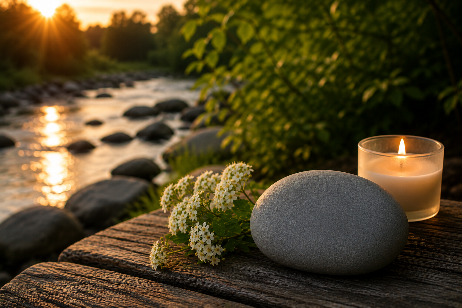 Memorial candle and stone beside river at sunset for cremation services in Fulton, IL.