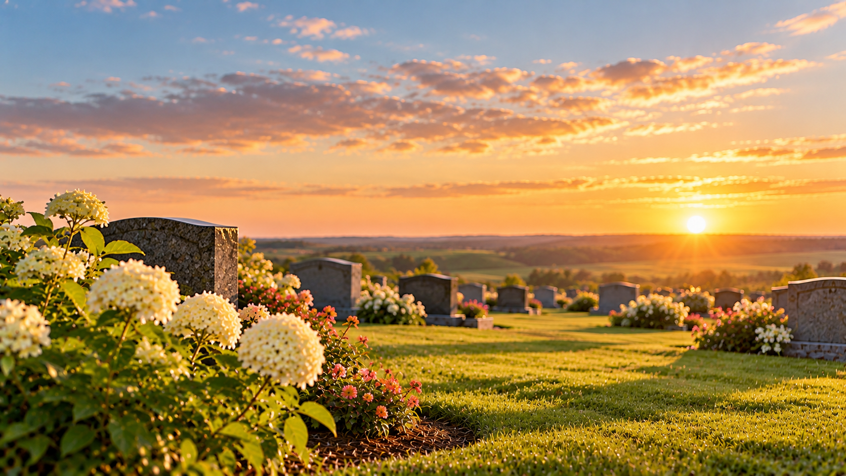 Flower-lined cemetery at sunset for funeral homes in Morrison, IL.