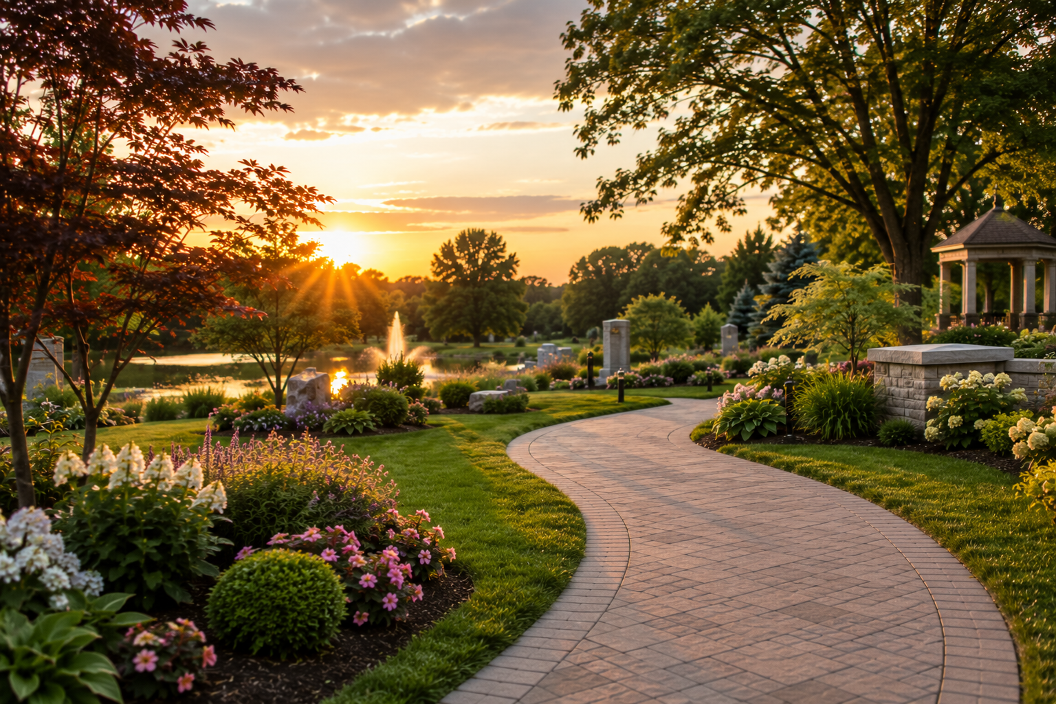 Peaceful cemetery garden at sunset for funeral homes in Amboy, IL.