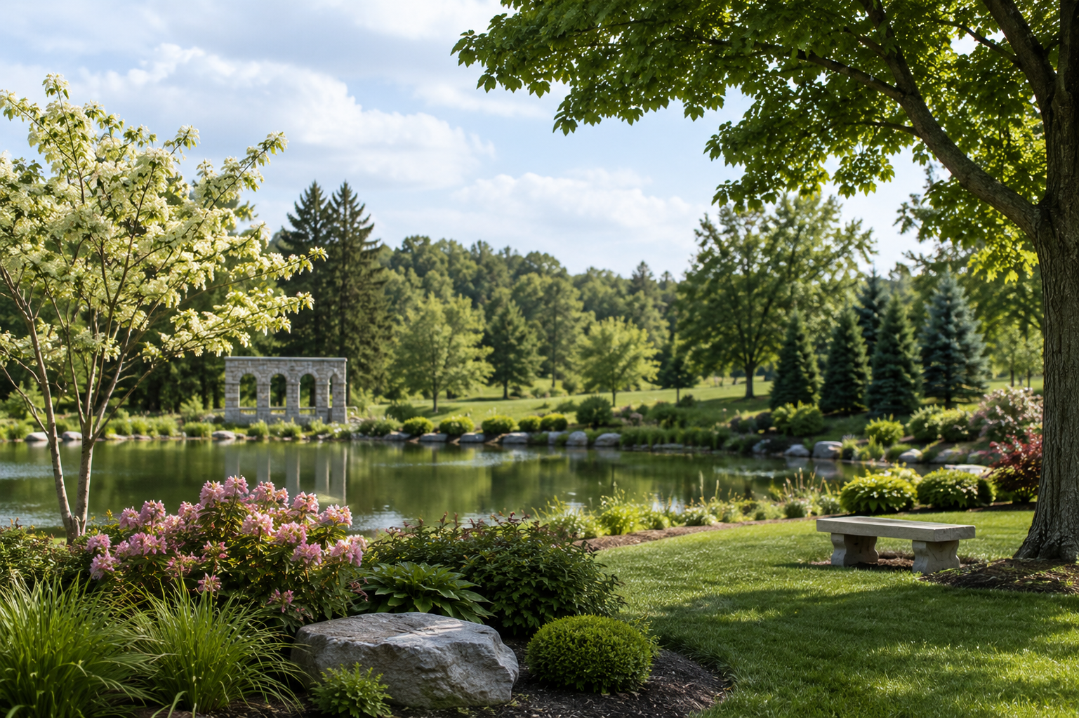 Peaceful memorial garden with pond and bench for funeral homes in Fulton, IL.