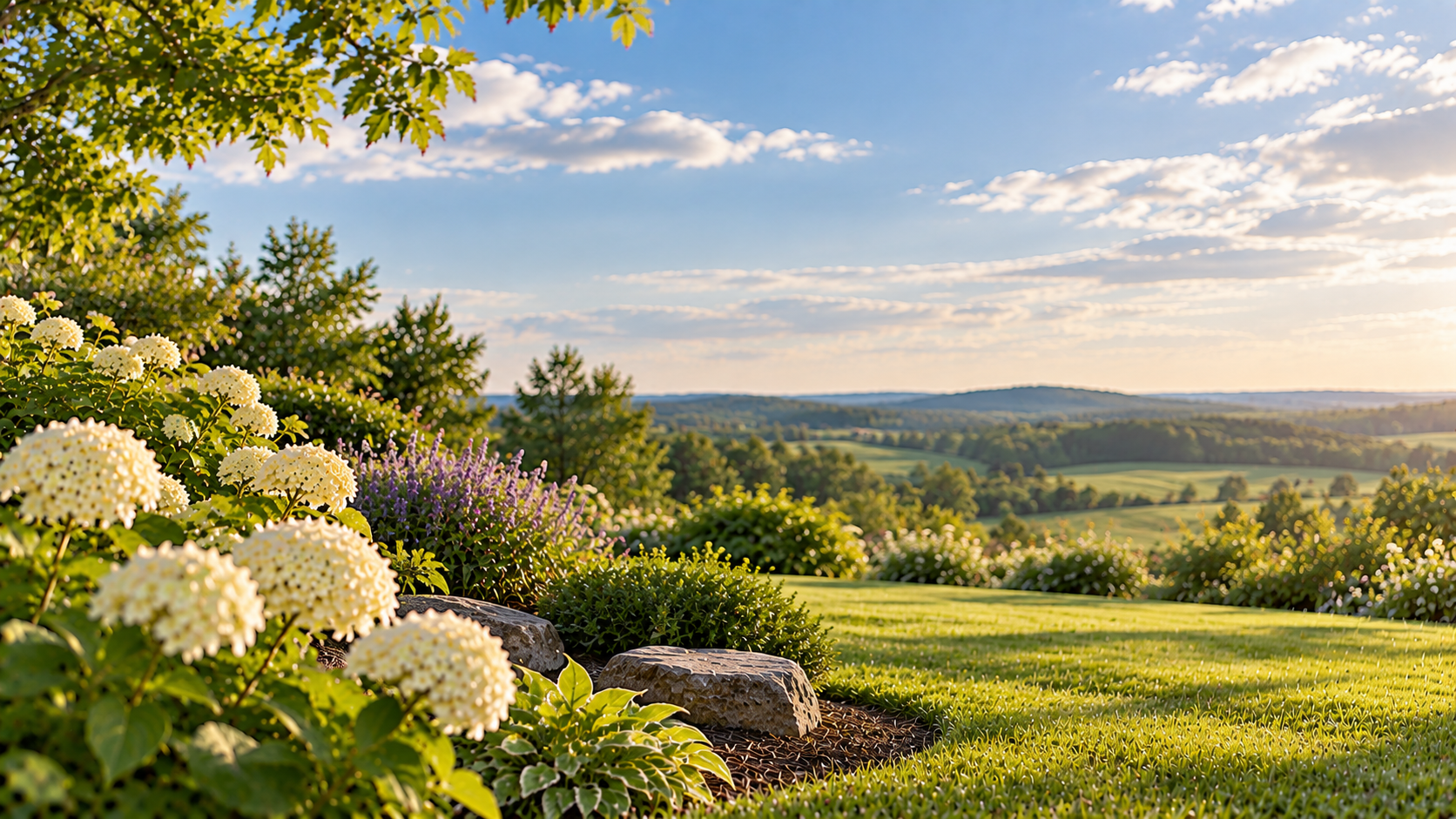 Flowering garden overlooking countryside for cremation services in Morrison, IL.
