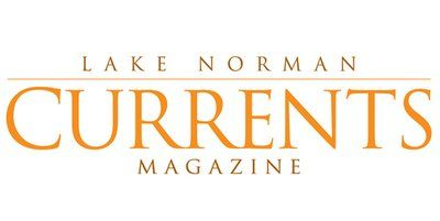 Logo for Lake Norman Currents Magazine. Text is gold on white, with