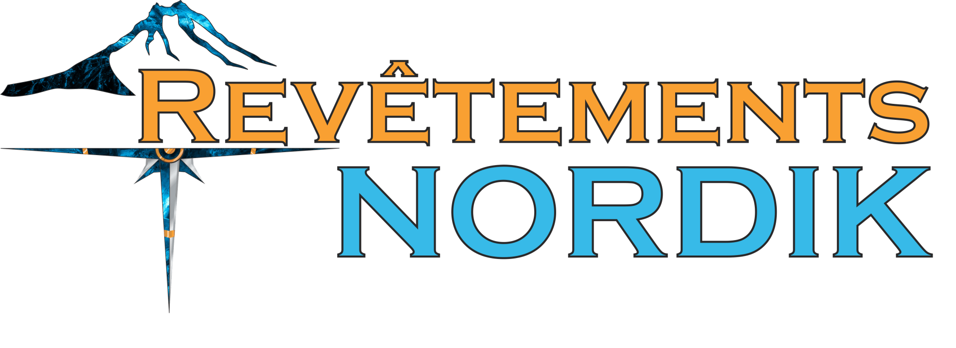 Logo pour Revêtements Nordik présentant une icône de montagne bleue au-dessus d'un texte beige et d'un logotype bleu sur fond blanc.