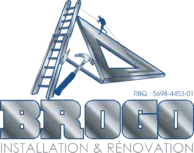 Logo pour Brogo Installation & Rénovation, représentant une échelle, un triangle, un carré, un marteau et une silhouette qui grimpe.