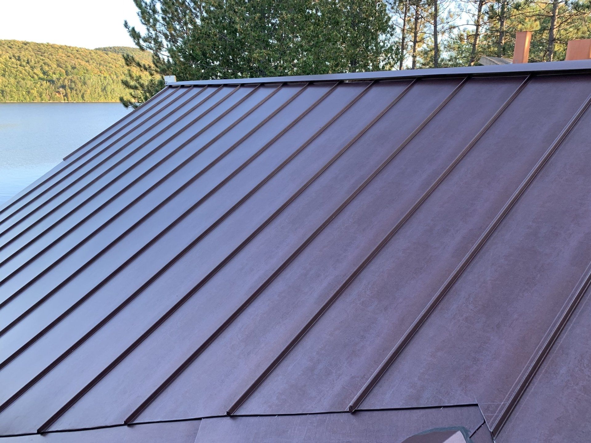 A close-up view of a dark brown metal roof with vertical standing seams, set against a background of trees and water.