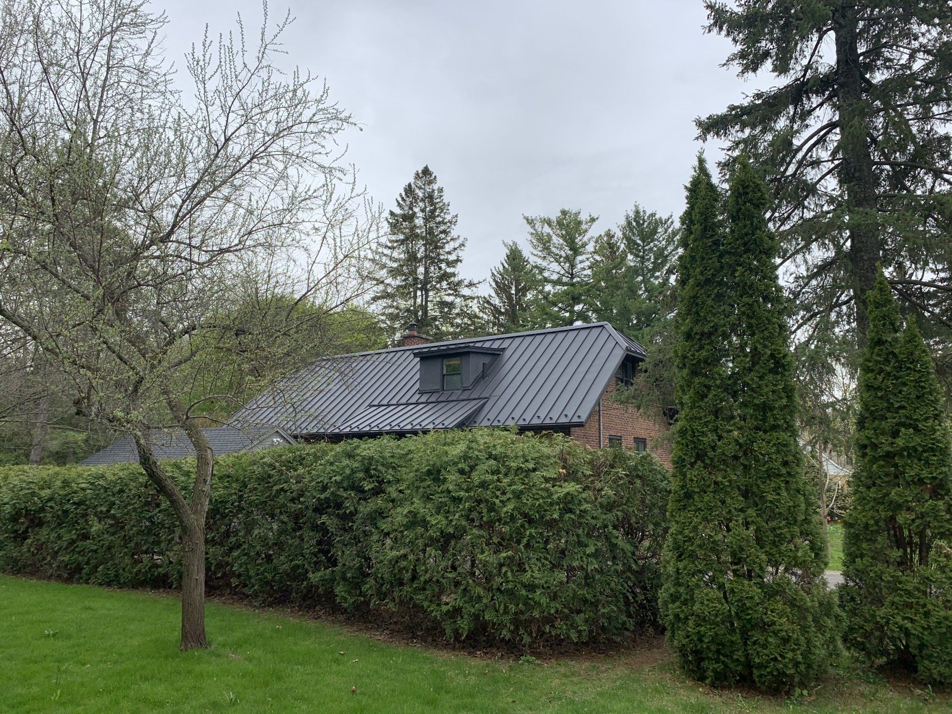 A brick house with a dark metal roof sits behind a tall, green hedge in a yard with trees under a cloudy sky.