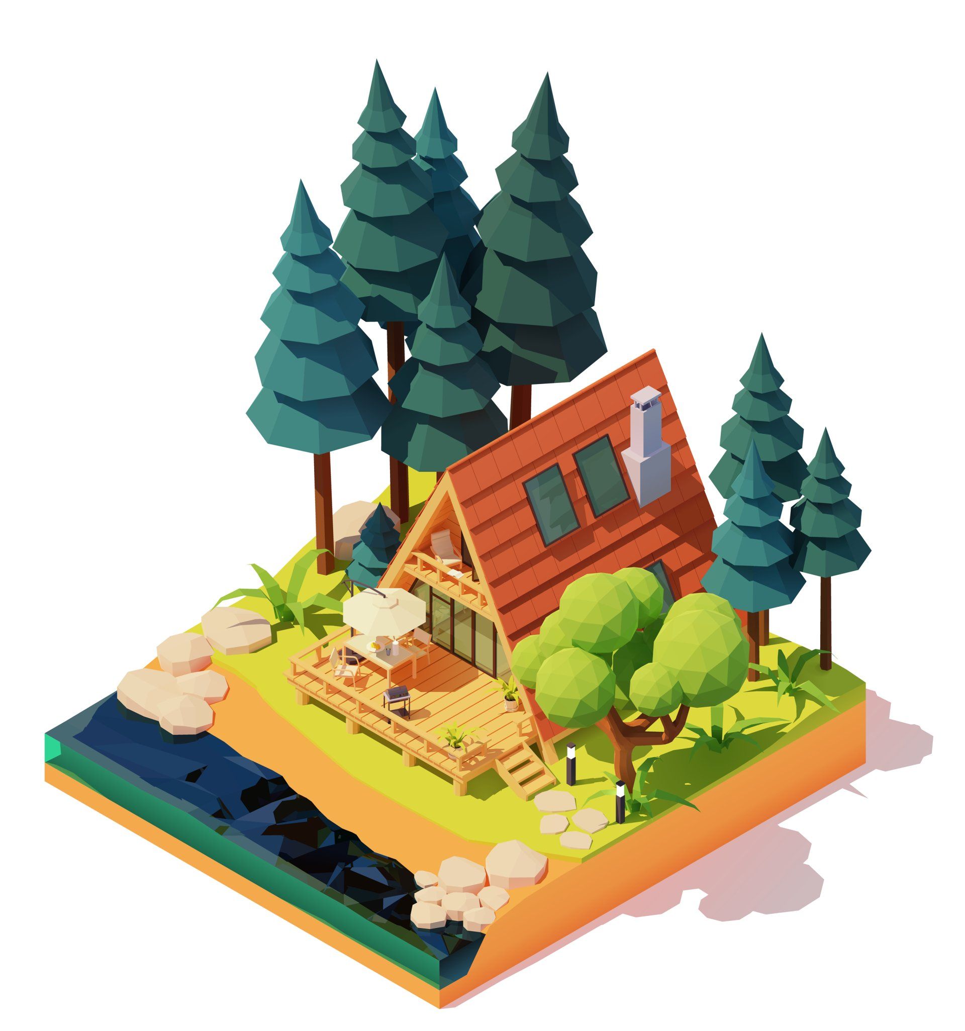 An isometric 3D render of a cozy A-frame cabin with a wooden deck beside a small lake, surrounded by pine trees.