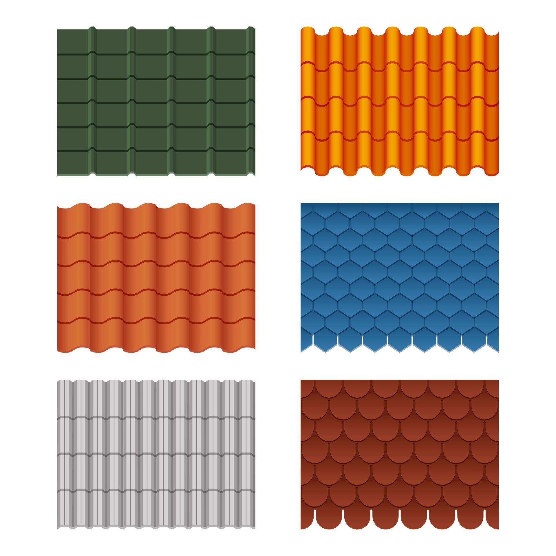 Six types de tuiles de toiture de couleurs et de formes différentes, notamment rectangulaires, courbes et à motifs en écailles.