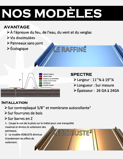 Une brochure pour les modèles de toiture métallique « Le Raffiné » et « Le Robuste », détaillant les avantages des matériaux et les étapes d'installation.