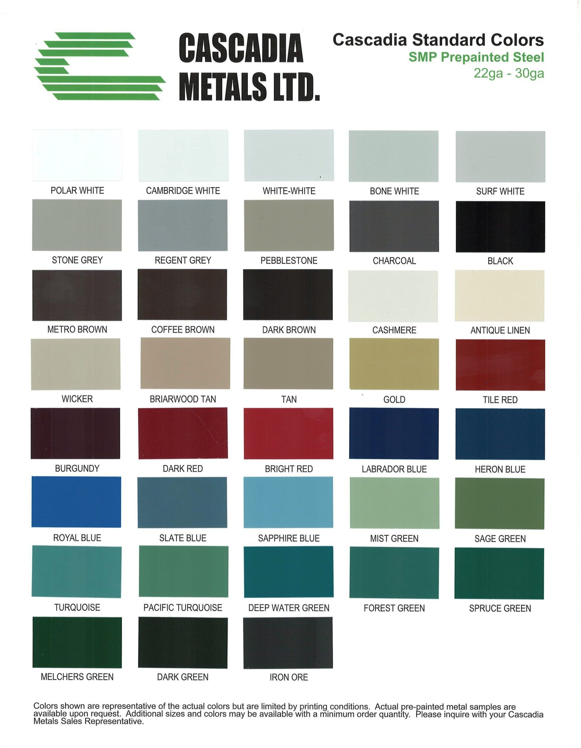 Un nuancier de Cascadia Metals Ltd. pour l'acier prélaqué, présentant une grille d'échantillons de différentes couleurs de peinture avec leurs noms.