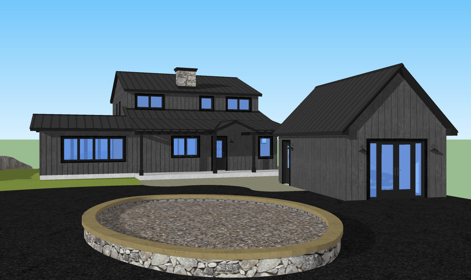 Représentation numérique d'une maison grise à deux étages avec un garage indépendant assorti et un foyer circulaire en pierre dans la cour.