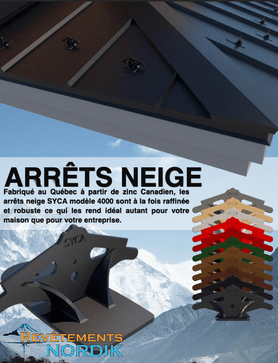 Une publicité pour les pare-neige SYCA 4900, présentant différentes options de couleurs sur fond de montagne enneigée.