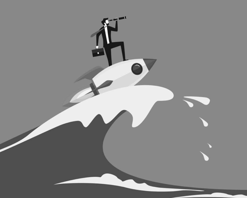 Businessman on a rocket surfing a wave, looking through a telescope.
