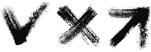 Check mark, X mark, and right arrow brush stroke icons.
