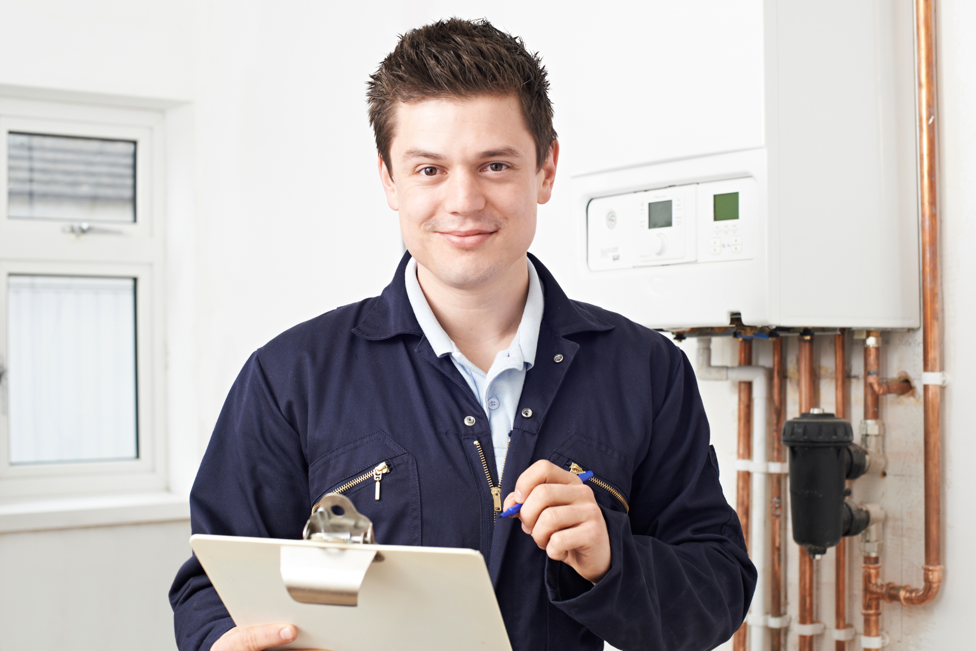 A man is holding a clipboard in front of a boiler.