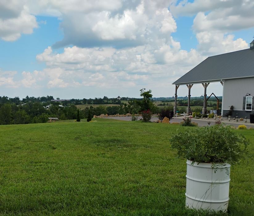 Grassy backyard with a white planter, covered patio, and cloudy sky over distant trees