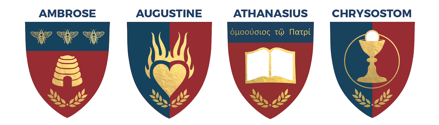 Four shields with the words ambrose augustine athanasius and chrysostom on them