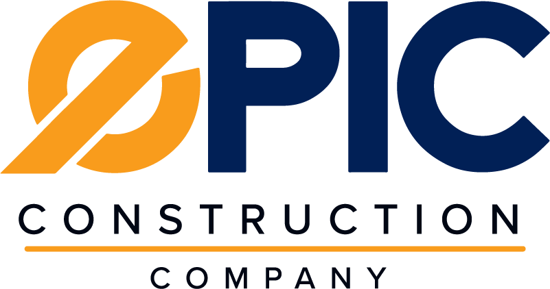 The logo for epic construction company is blue and orange.