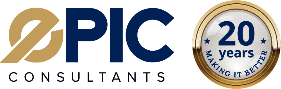 A logo for epic consultants with a 20 years making it better badge