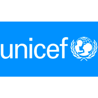 Logo de l'UNICEF : nom et symbole blancs sur fond bleu.