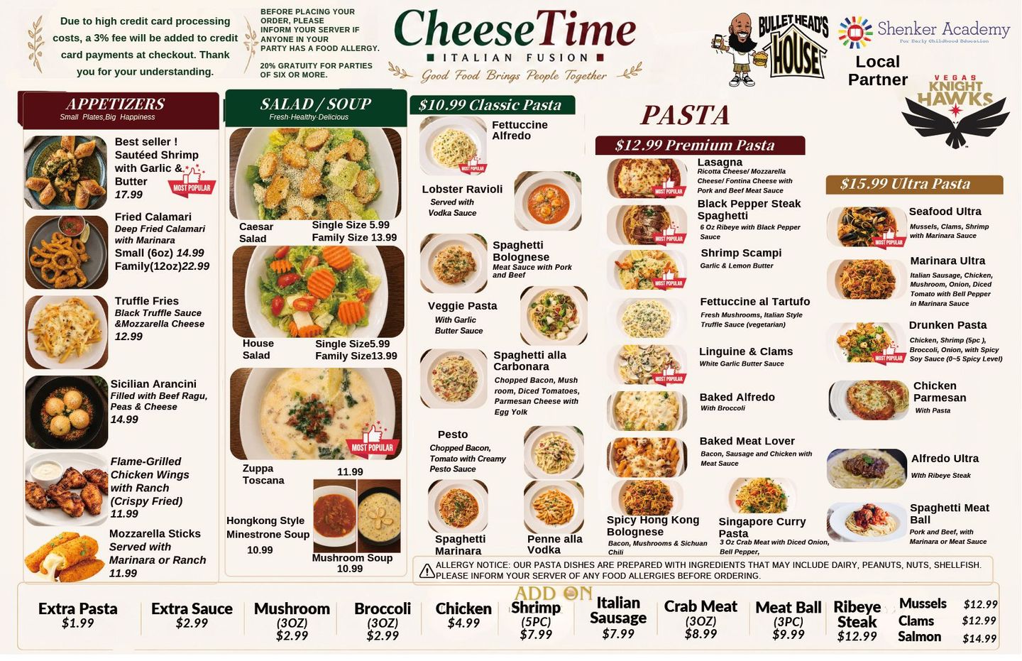 CheeseTime restaurant menu board with pasta, snacks, drinks, and combo meal photos on a cream background
