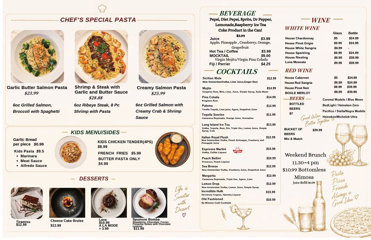 Restaurant menu with plated dishes, drink specials, prices, and elegant gold accents.
