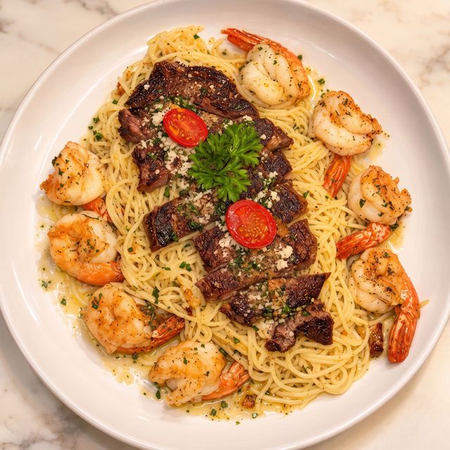 Shrimp pasta with seared steak, cherry tomatoes, and parsley on a white plate