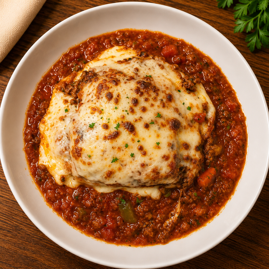 Baked lasagna in red sauce on a white plate, topped with melted cheese and herbs