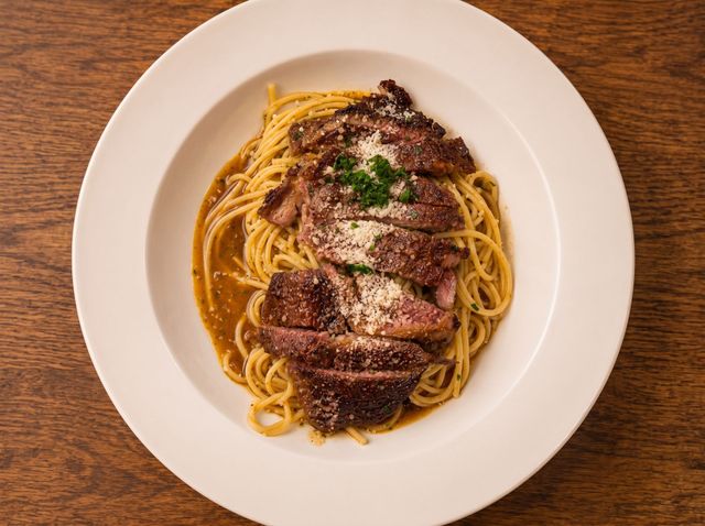 Spaghetti with dark sauce and grated cheese on a white plate on a wooden table