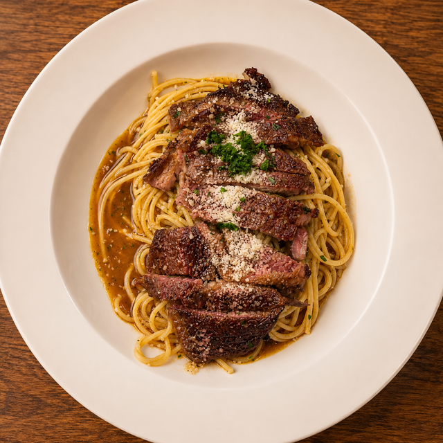 Plate of spaghetti topped with sliced steak, herbs, and grated cheese on a white plate