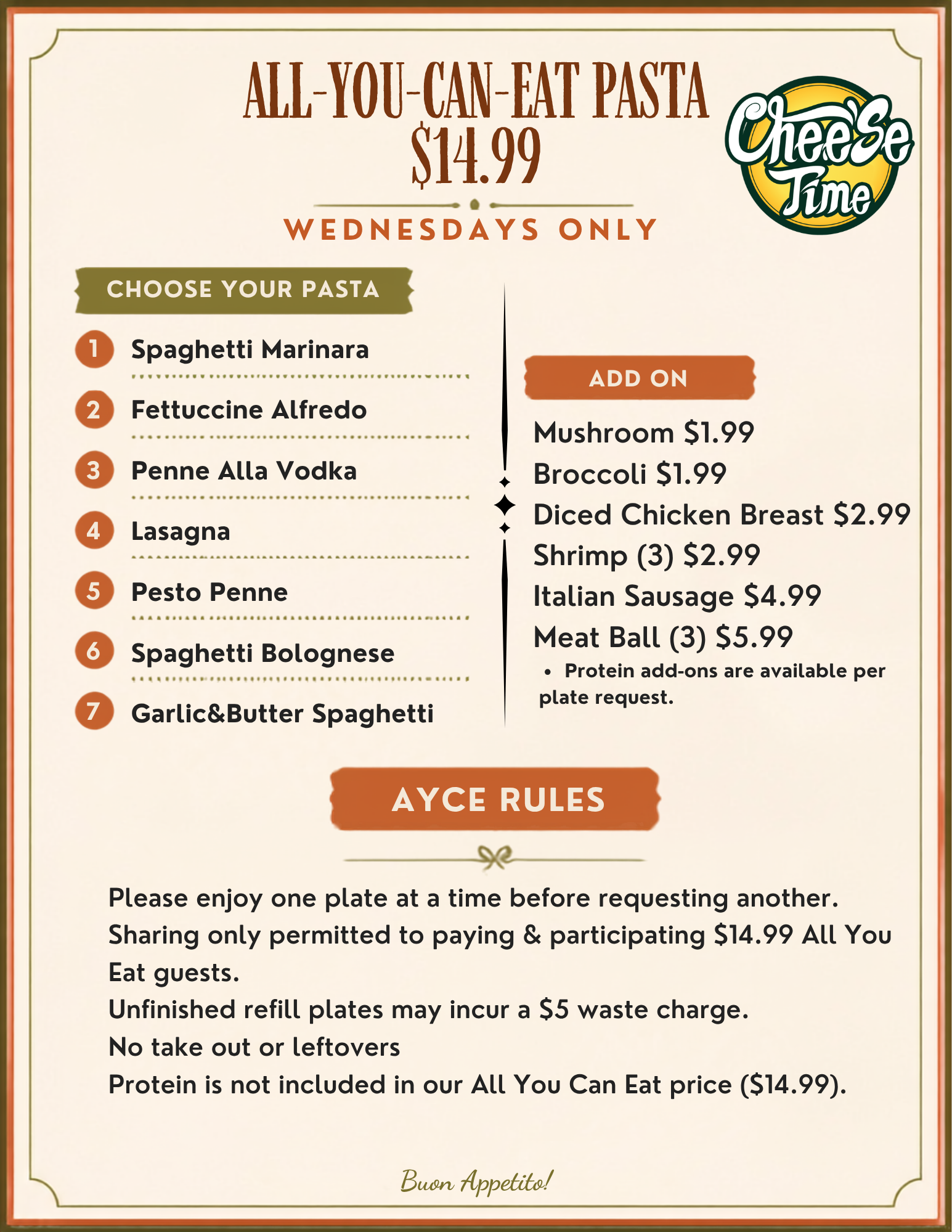 Vintage-style Cheesetime menu for all-you-can-eat pasta Wednesdays, listing pasta choices and add-ons.