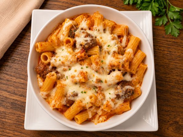 Baked rigatoni pasta with melted cheese in a white bowl on a square plate, garnished with herbs.