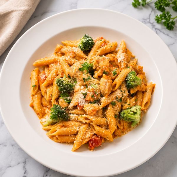 Plate of penne pasta with broccoli and grated cheese on a white dish