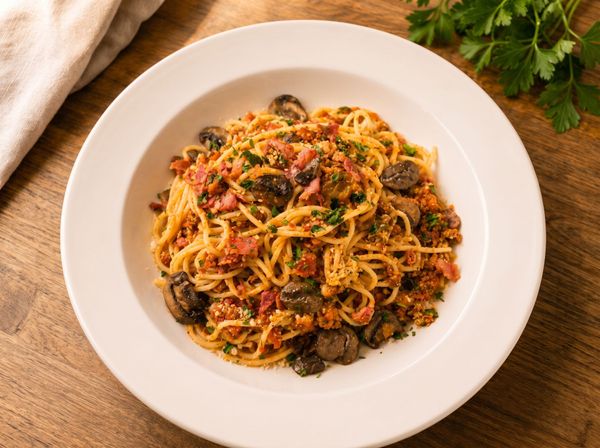 Plate of spaghetti with meatballs and tomato sauce, topped with herbs, on a white dish