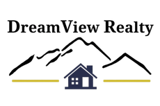 DreamView Realty logo with black mountain peaks and a blue house over gold lines