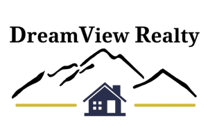 DreamView Realty logo with black mountain peaks and a blue house over gold lines