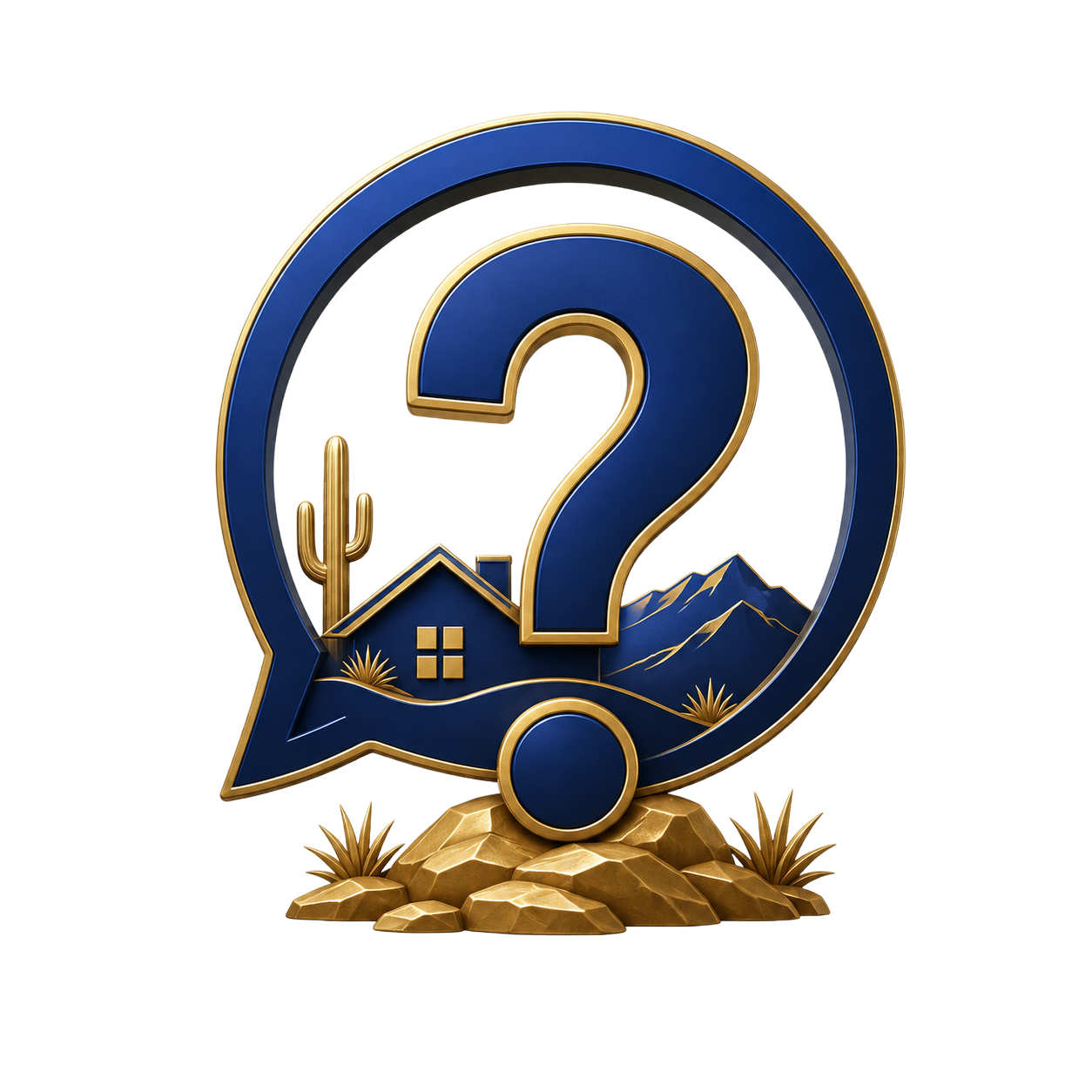 Blue question mark speech bubble with desert, cactus, and mountains icon