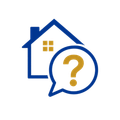 Blue house icon with yellow windows and a speech bubble containing a question mark